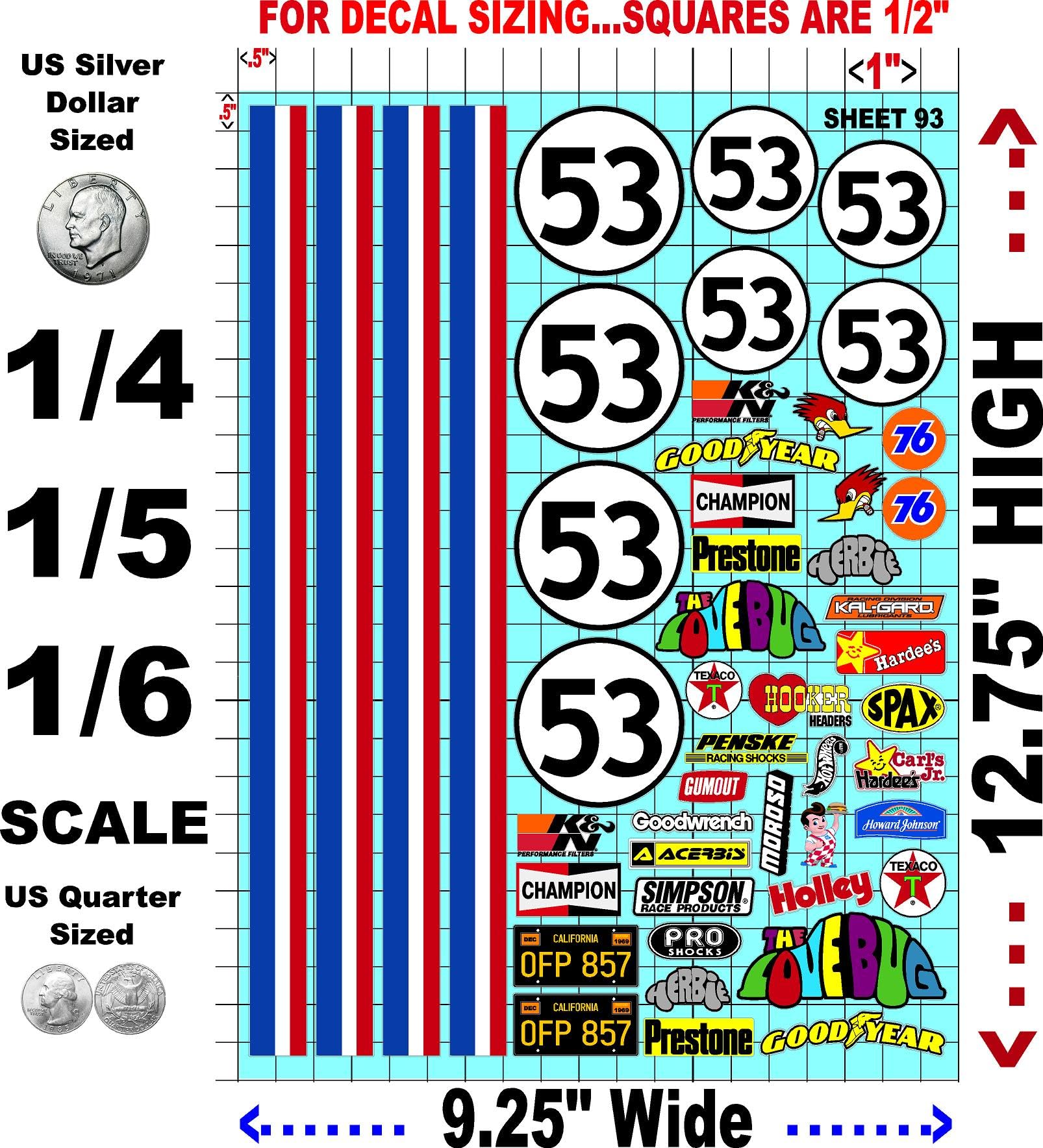 CLEAR sheet Herbie 93 Love Bug Vinyl R/C Racing Sponsor Sticker Gang Sheet Wrench -1/4-1/5-1/6th Scale Model Decal Sticker Sheet Radio Control Lexan Body�Die-cut to shape-Peel & Stick�Water Slide -Car