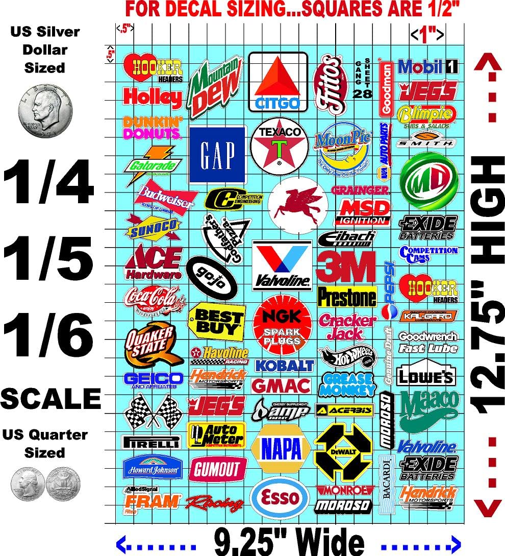 White Vinyl R/C Racing Sponsor Sticker Gang Sheet 28-1/4-1/5 � 1/6th Scale Model Decal Sticker Sheet Radio Control Lexan Body � Die-Cut to Shape - Peel & Stick � Water Slide Kids Fun