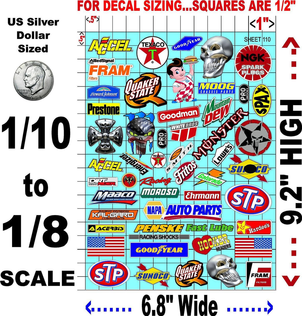 White Vinyl Sticker Sheet 110 Variety-1/10th - 1/8th Scale Large 6.8" x 9.2"h Vinyl R/C Model Decal Sticker Sheet Radio Control Lexan Body