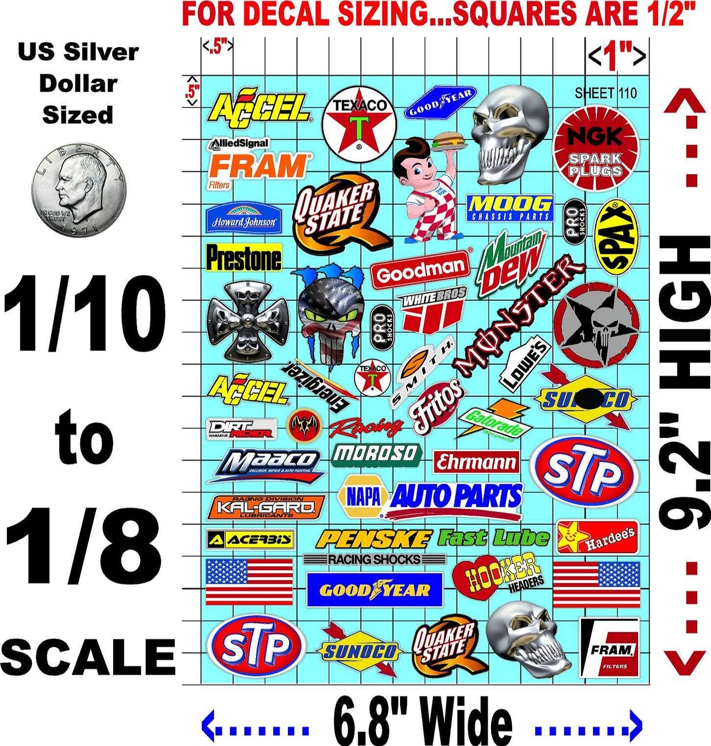 White Vinyl Sticker Sheet 110 Variety-1/10th - 1/8th Scale Large 6.8" x 9.2"h Vinyl R/C Model Decal Sticker Sheet Radio Control Lexan Body