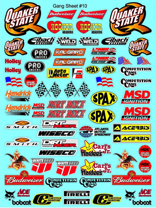 Clear Vinyl R/C Racing Sponsor Sticker Gang Sheet 10-1/24 � 1/16th Scale Model Decal Sticker Sheet Radio Control Lexan Body � Die-Cut to Shape - Peel & Stick � Water Slide