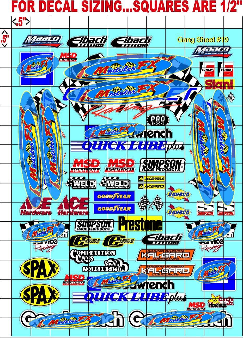 Sticker Gang Sheet 19-Die-Cut to Shape 1/10 Scale White Vinyl R/C Model Decal Sticker Sheet Radio Control Lexan Body - Decorate Your R/c Cars, Boats, Trucks Along & Scale Model Kit.�