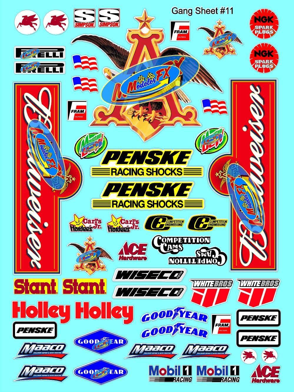 White Vinyl Sticker Sheet 11-1/10th - 1/8th Scale Large 6.8" x 9.2"h Vinyl R/C Model Decal Sticker Sheet Radio Control Lexan Body