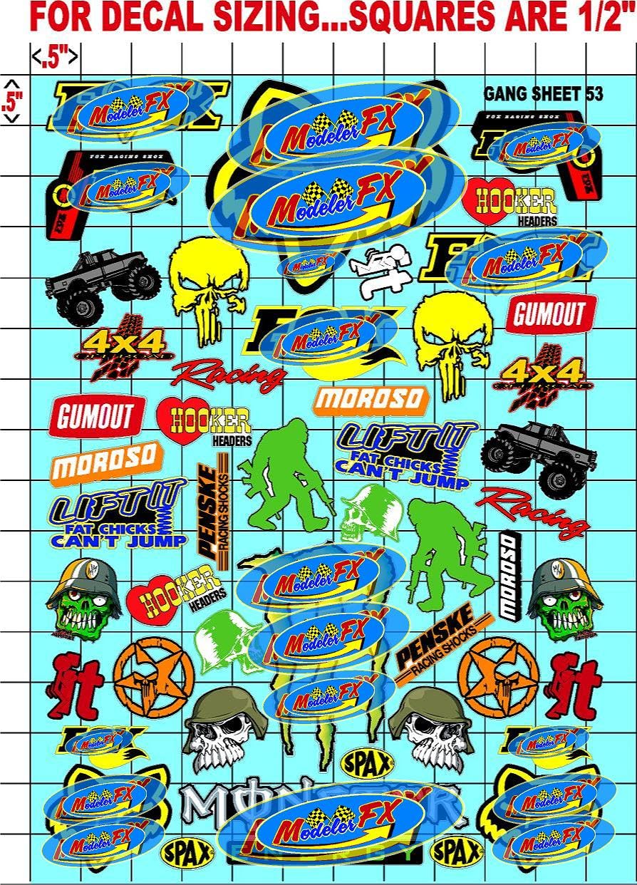 Clear Vinyl R/C Racing Sponsor Sticker Gang Sheet 53-1/24 � 1/16th Scale Model Decal Sticker Sheet Radio Control Lexan Body � Die-Cut to Shape - Peel & Stick � Water Slide