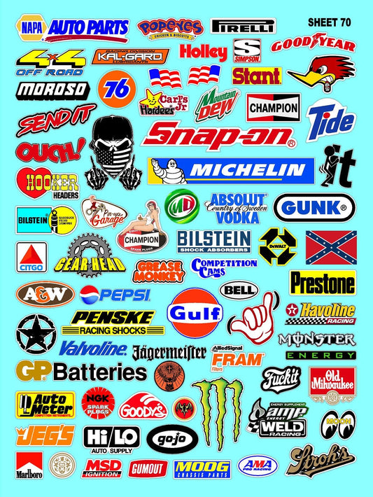 Racing Sponsor Lexan Body Car Racing - Sticker Gang Sheet 70 - White Vinyl 1/12 to 1/10 Scale White Vinyl R/C Model Decal Sticker Sheet Radio Control Lexan Body Decoration