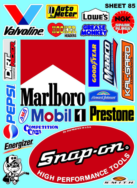 White Vinyl Sticker Variety Sheet 85-1/10th - 1/8th Scale Large 6.8" x 9.2"h Vinyl R/C Model Decal Sticker Sheet Radio Control Lexan Body