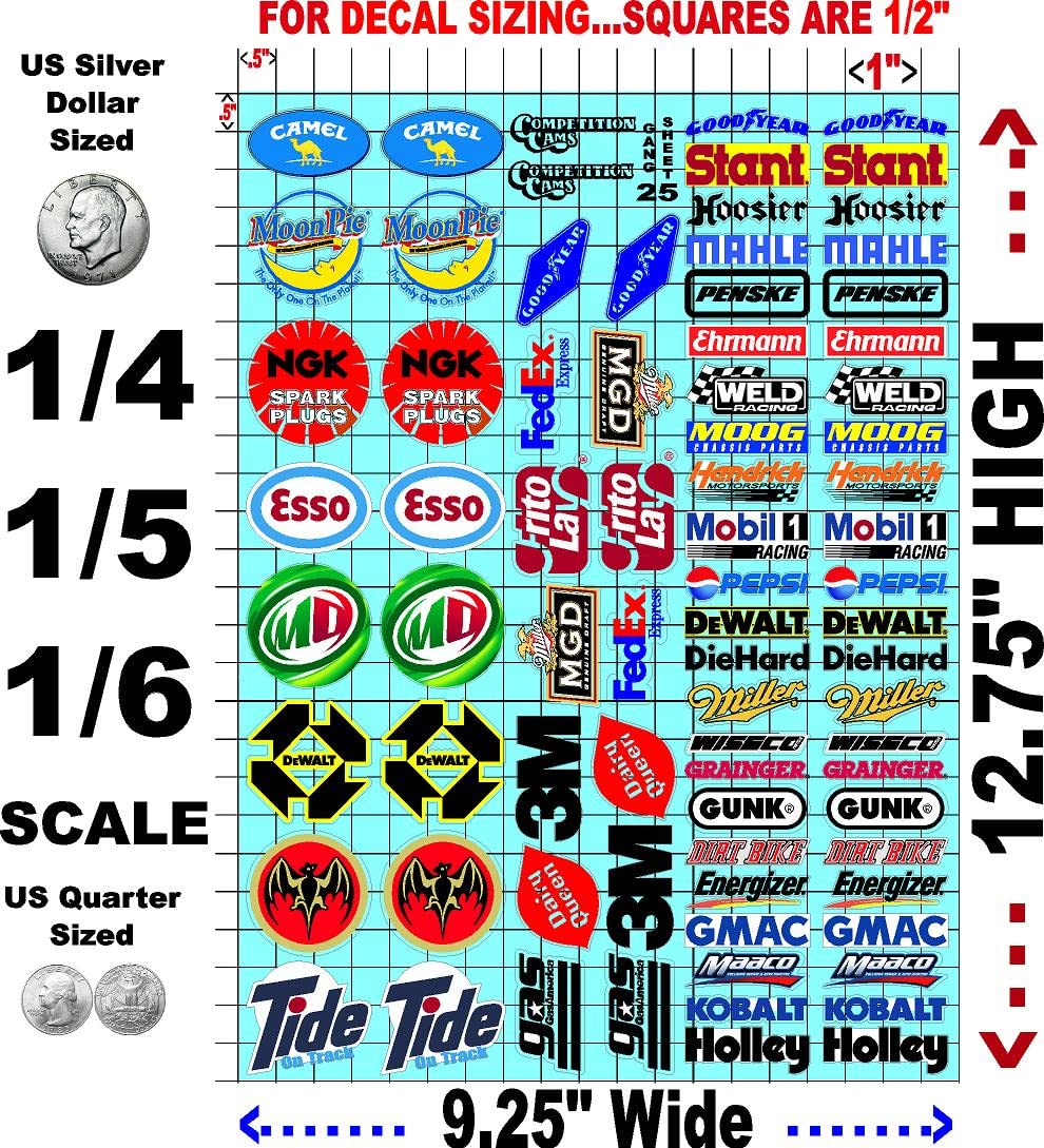Clear Vinyl R/C Racing Sponsor Sticker Gang Sheet 25-1/4-1/5 � 1/6th Scale Model Decal Sticker Sheet Radio Control Lexan Body � Die-Cut to Shape - Peel & Stick � Water Slide Walt Gift