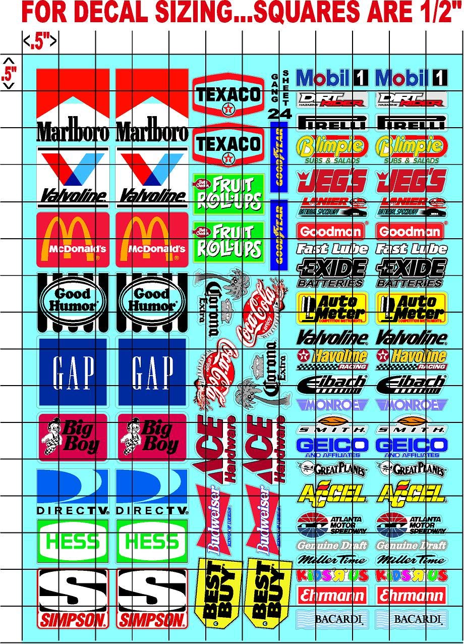 ACE- JEGS Sticker Gang Sheet 24-1/10 Scale White Vinyl R/C Model Decal Sticker Sheet Radio Control Lexan Body - Decorate Your R/c Cars, Boats, Trucks Along with Any Other Scale Model Kit.