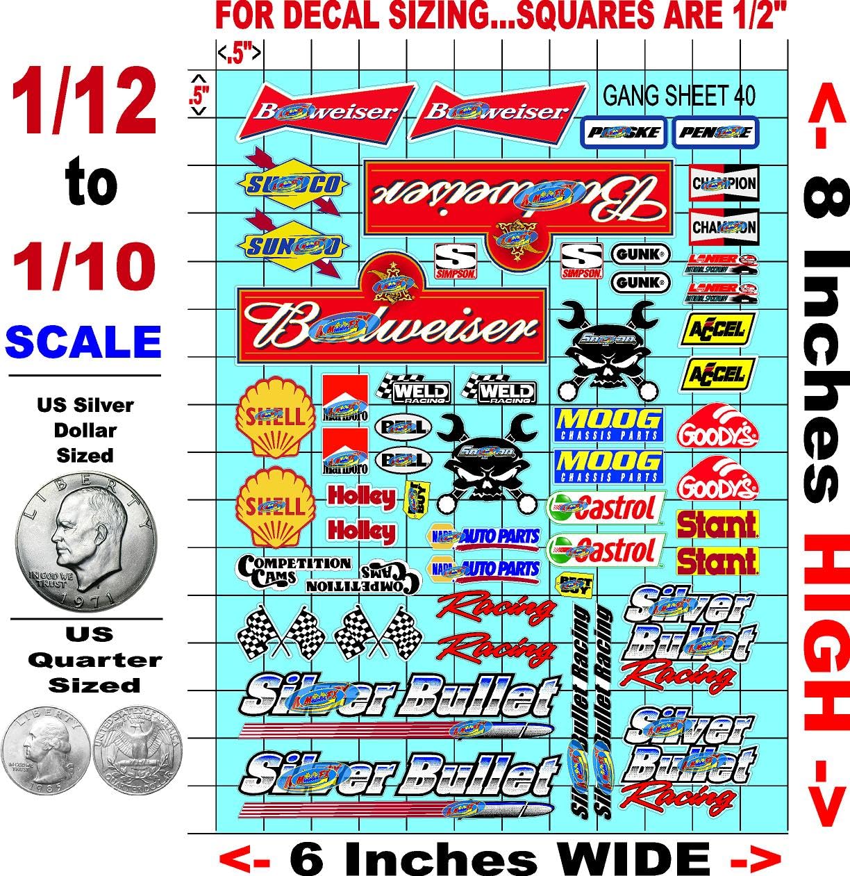 Racing Sponsor Sticker Gang Sheet 40-1/16-1/12-1/10th Scale White Vinyl R/C Model Decal Sticker Sheet Radio Control Lexan Body - Decorate Your R/c Cars, Boats, Trucks Other Scale Model Kit.