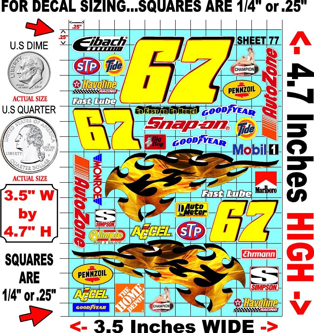 Clear Vinyl 77 R/C Racing Sponsor Sticker Gang Sheet Good -1/24 � 1/16th Scale Model Decal Sticker Sheet Radio Control Lexan Body � Die-Cut to Shape - Peel & Stick � Water Slide
