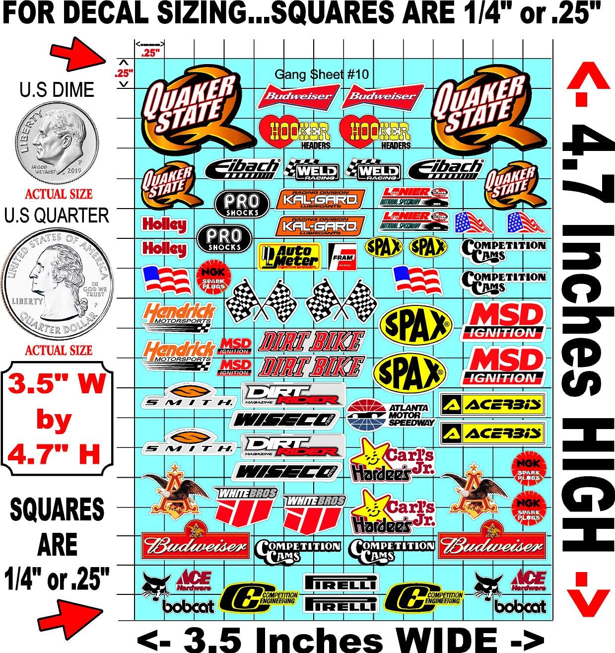 Clear Vinyl R/C Racing Sponsor Sticker Gang Sheet 10-1/24 � 1/16th Scale Model Decal Sticker Sheet Radio Control Lexan Body � Die-Cut to Shape - Peel & Stick � Water Slide