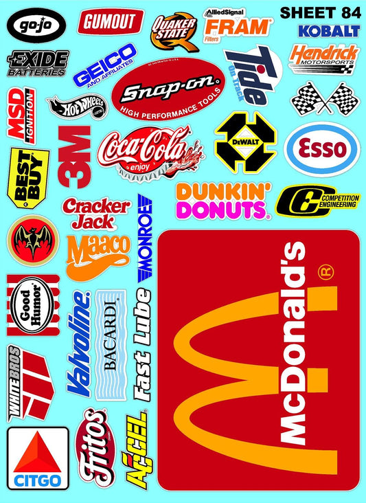 White Vinyl Sticker Variety Sheet 84-1/10th - 1/8th Scale Large 6.8" x 9.2"h Vinyl R/C Model Decal Sticker Sheet Radio Control Lexan Body