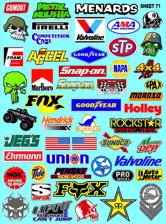 Clear Vinyl 71 R/C Racing Sponsor Sticker Gang Sheet Good -1/24 � 1/16th Scale Model Decal Sticker Sheet Radio Control Lexan Body � Die-Cut to Shape - Peel & Stick � Water Slide