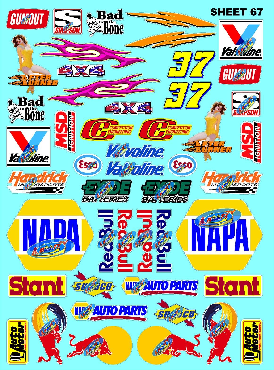 White Vinyl Sticker Variety Sheet 67-1/10th - 1/8th Scale Large 6.8" x 9.2"h Vinyl R/C Model Decal Sticker Sheet Radio Control Lexan Body