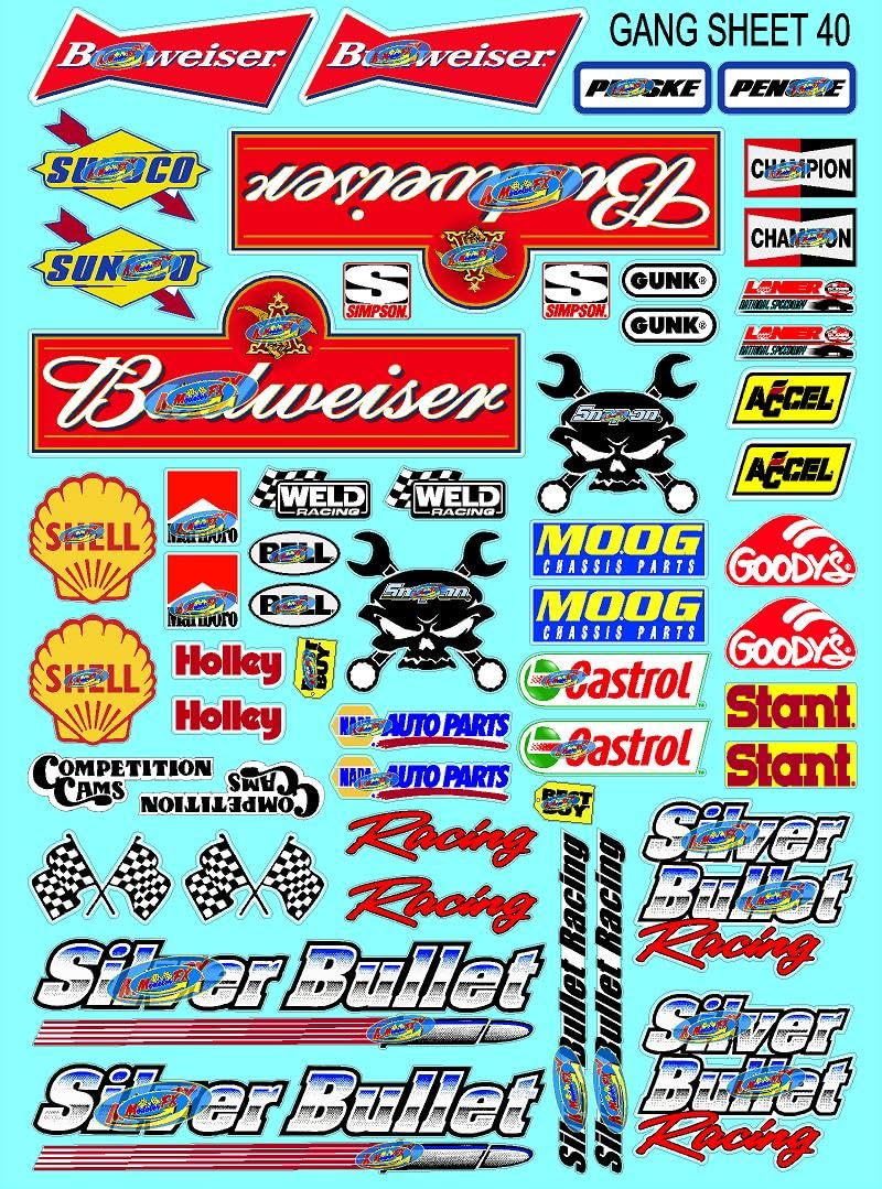 Clear Matte Finish Vinyl Sticker Variety Sheet 40-1/10th - 1/8th Scale Large 6.8" x 9.2"h Vinyl R/C Model Decal Sticker Sheet Radio Control Lexan Body
