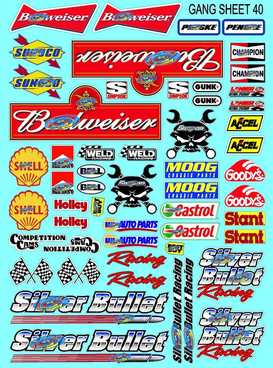 Clear Matte Finish Vinyl R/C Sheet 40 Racing Sponsor Sticker Gang Sheet Orange Pen -1/4-1/5 – 1/6th Scale Model Decal Sticker Sheet Radio Control Lexan Body –Die-Cut to Shape - Peel & Stick -Cars