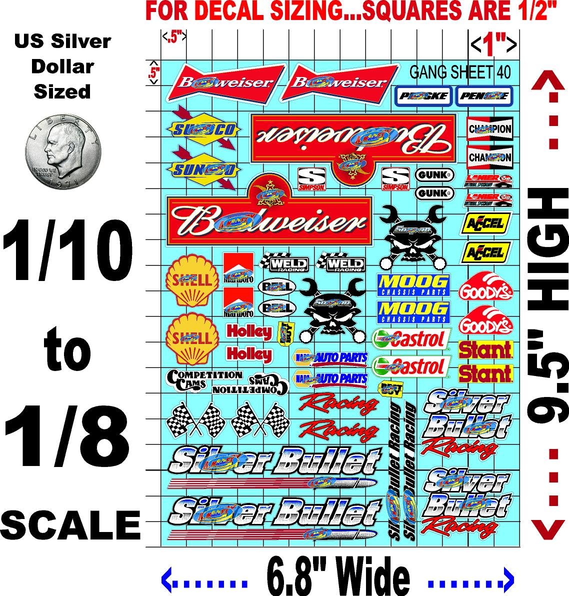 White Vinyl Sticker Variety Sheet 40-1/10th - 1/8th Scale Large 6.8" x 9.2"h Vinyl R/C Model Decal Sticker Sheet Radio Control Lexan Body