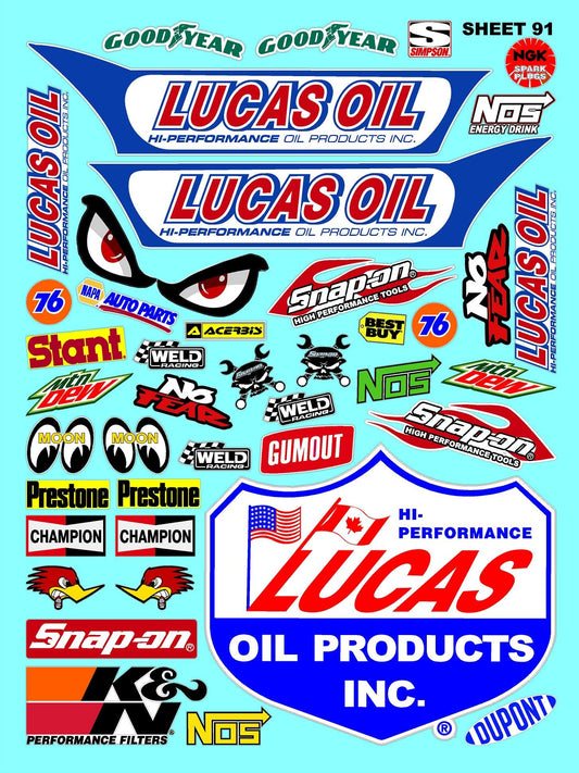 White Vinyl Sticker Variety Sheet 91-1/10th - 1/8th Scale Large 6.8" x 9.2"h Vinyl R/C Model Decal Sticker Sheet Radio Control Lexan Body
