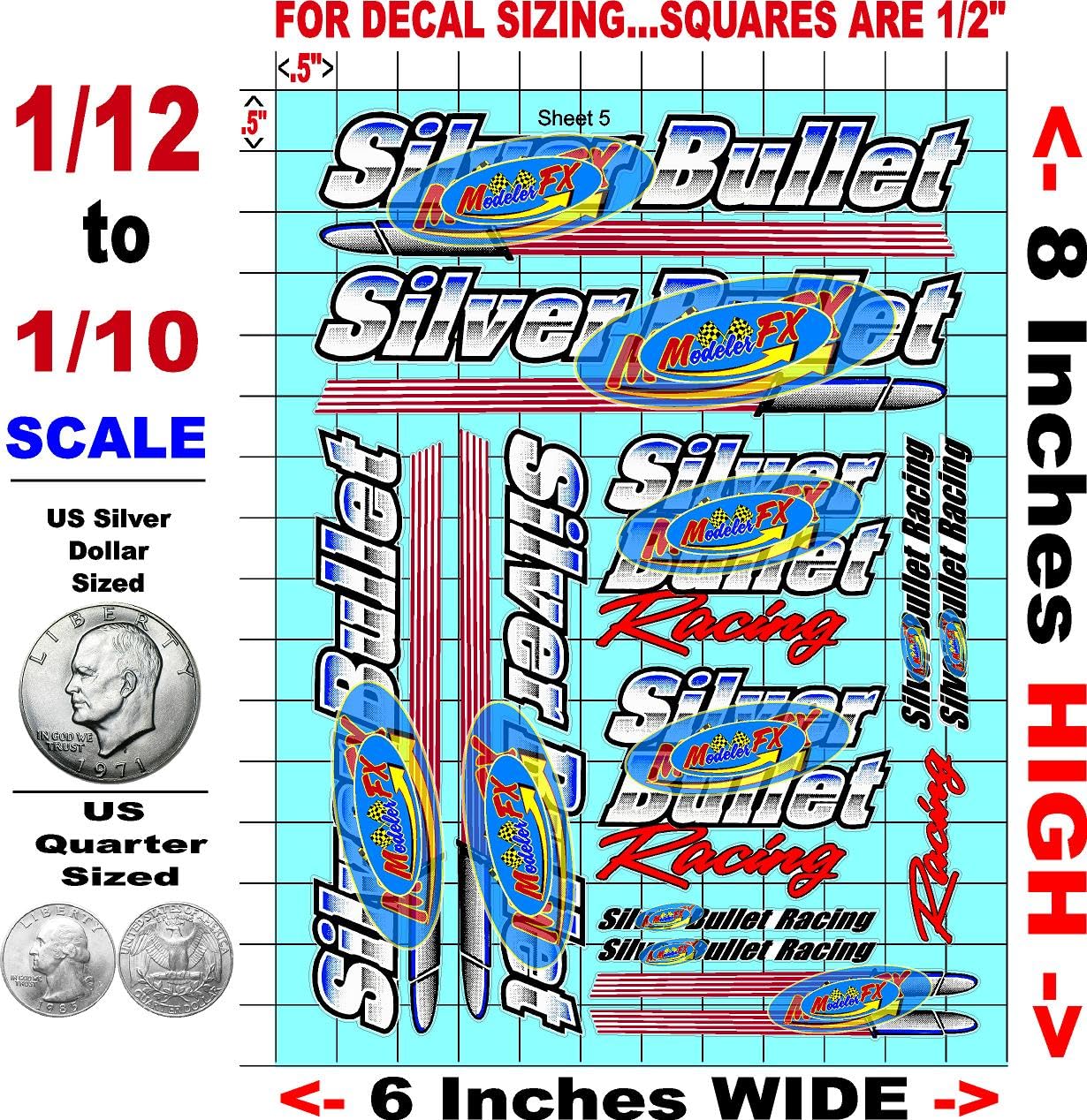 Silver Bullet -Sheet 5-1/10 Scale White Vinyl R/C Model Decal Sticker Sheet Radio Control Lexan Body - Decorate Your R/c Cars, Boats, Trucks