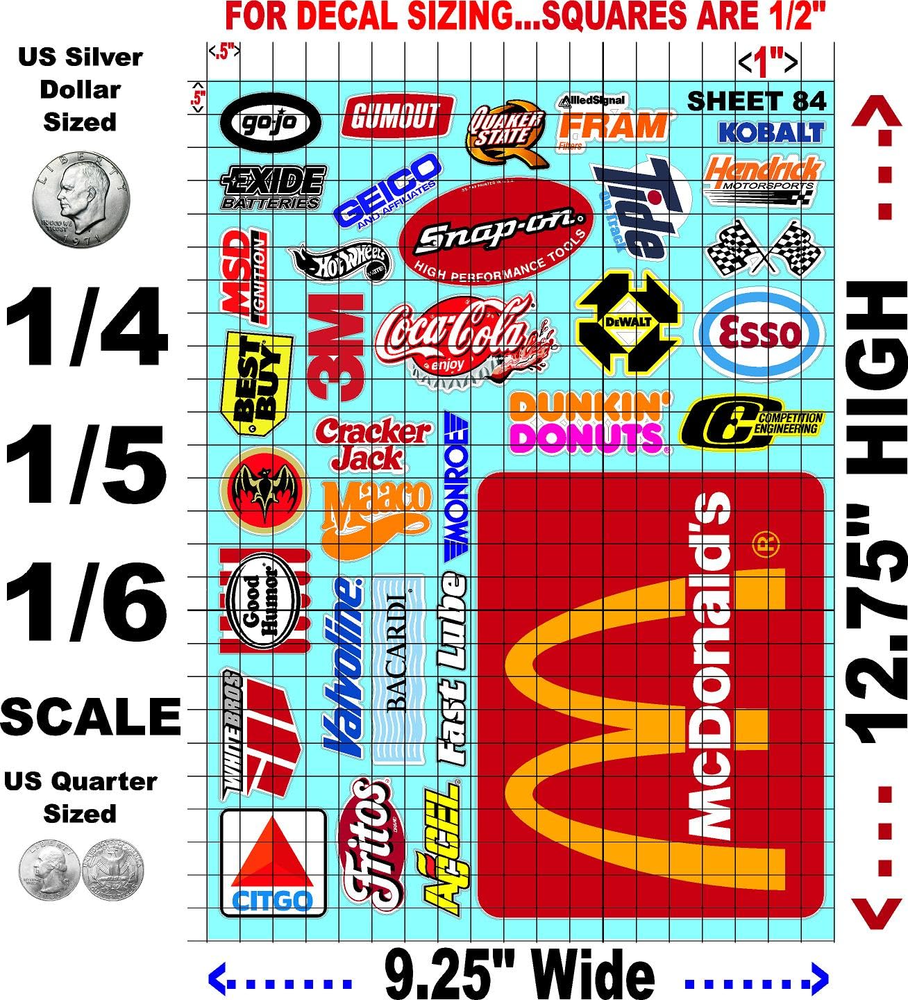 White Vinyl Sheet 84 R/C Racing Sponsor Sticker Gang Sheet Wrench -1/4-1/5 � 1/6th Scale Model Decal Sticker Sheet Radio Control Lexan Body � Die-Cut to Shape - Peel & Stick � Water Slide - Car