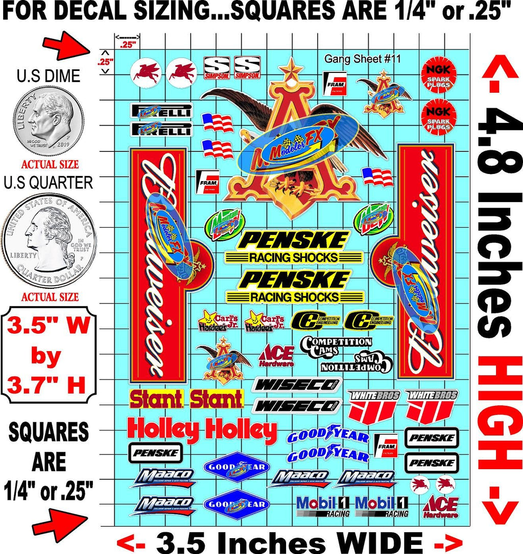 Clear Vinyl Sheet 11 R/C Racing Sponsor Sticker Gang Sheet -1/24 � 1/16th Scale Model Decal Sticker Sheet Radio Control Lexan Body � Die-Cut to Shape - Peel & Stick � Water Slide