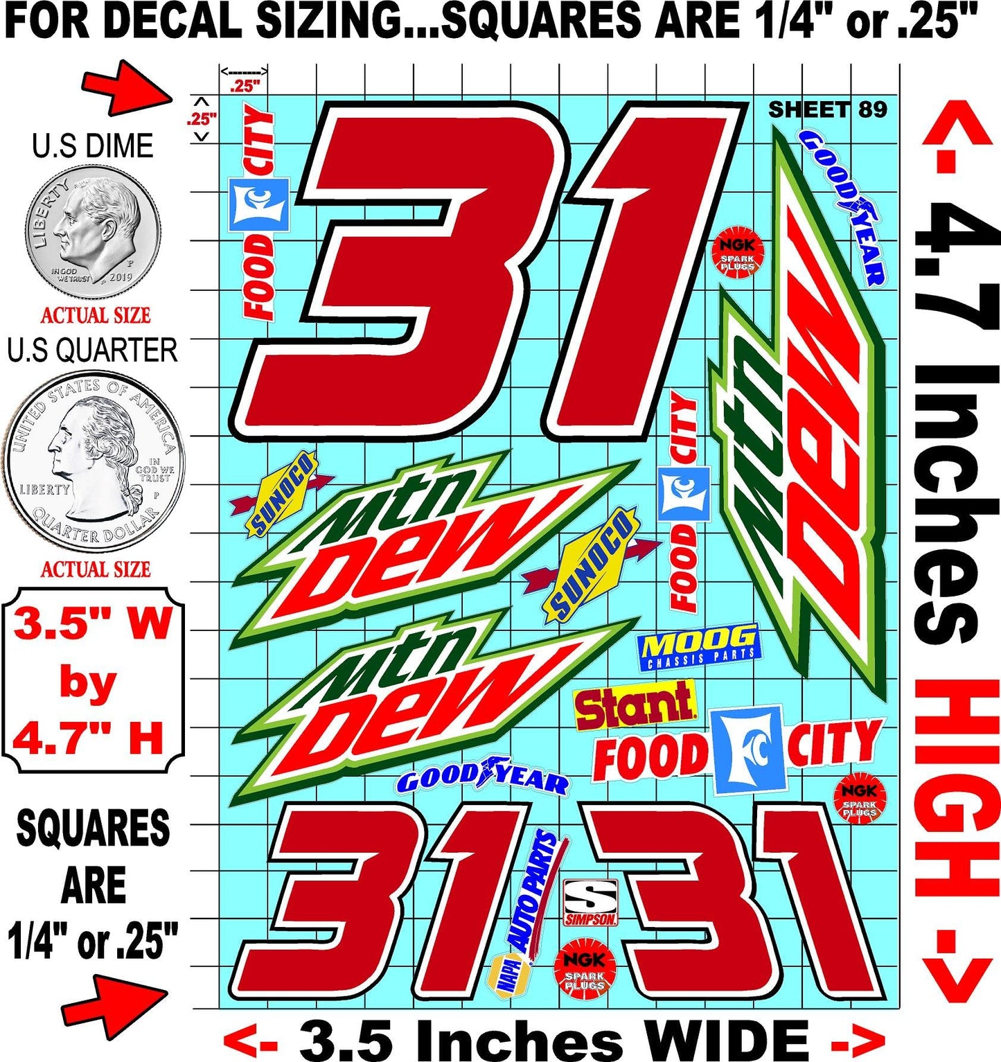 Clear Vinyl 89 R/C Racing Sponsor Sticker Gang Sheet Good -1/24 � 1/16th Scale Model Decal Sticker Sheet Radio Control Lexan Body � Die-Cut to Shape - Peel & Stick � Water Slide