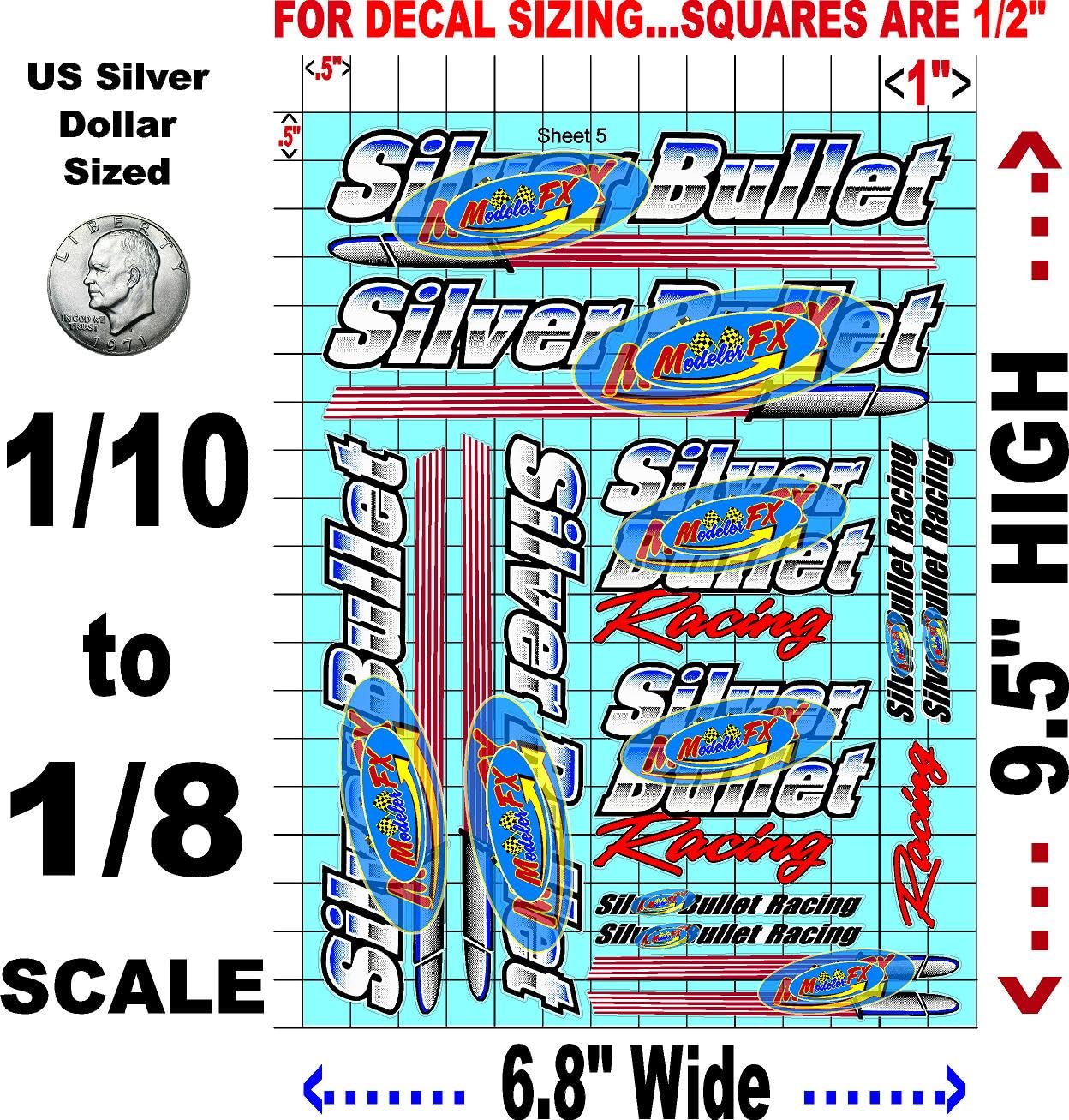 White Vinyl Sticker Sheet 5 Bullet Variety-1/10th - 1/8th Scale Large 6.8" x 9.2"h Vinyl R/C Model Decal Sticker Sheet Radio Control Lexan Body