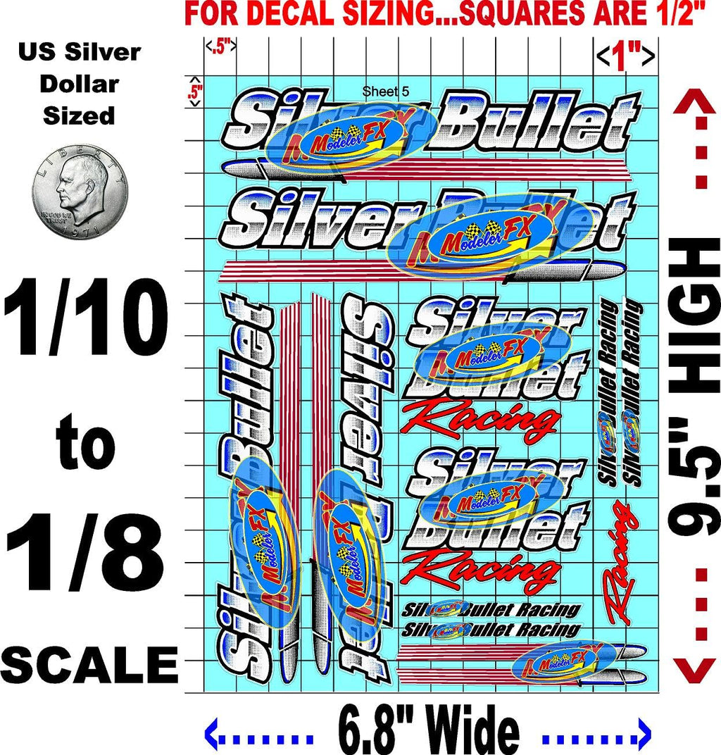 Clear Vinyl Sticker Sheet 5 Bullet-1/10th - 1/8th Scale Large 6.8" x 9.2"h for Cars, Trucks, Boats Anywhere You can Imagine - Easy to Apply - R/C Model Decal Radio Control Lexan Body