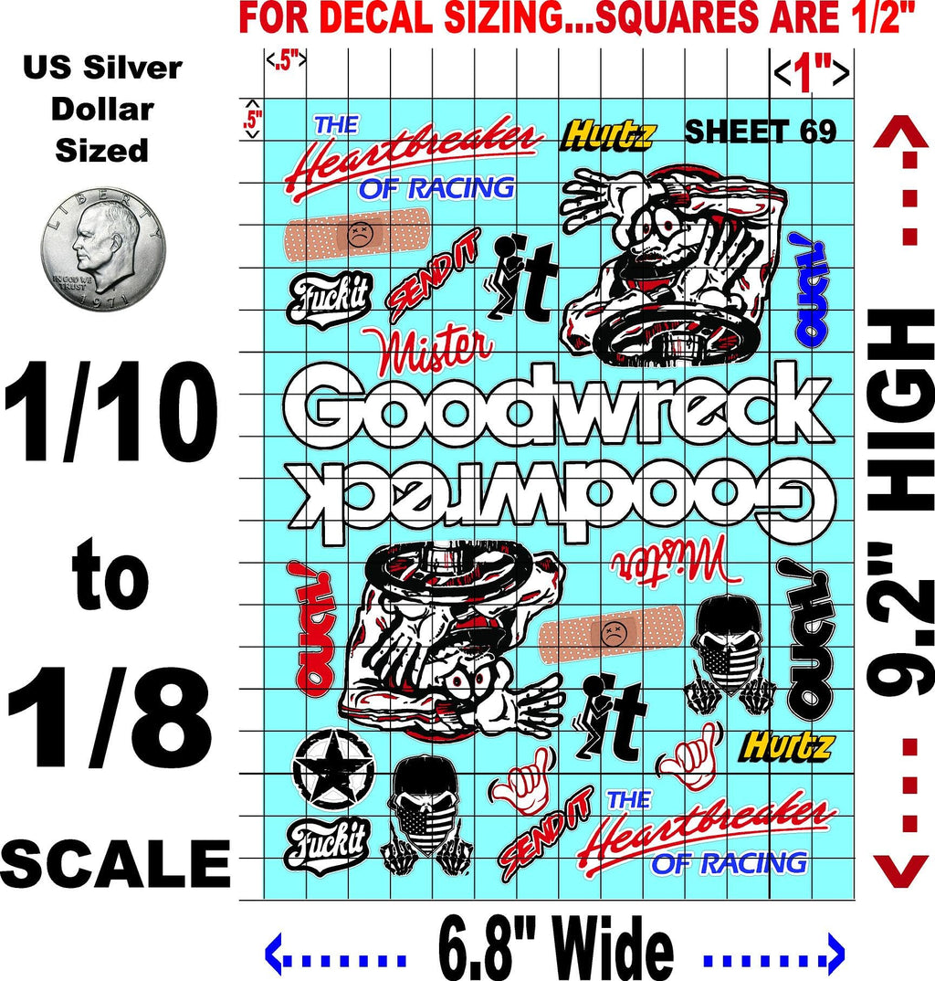 White Vinyl Sticker Variety Sheet 69-1/10th - 1/8th Scale Large 6.8" x 9.2"h Vinyl R/C Model Decal Sticker Sheet Radio Control Lexan Body