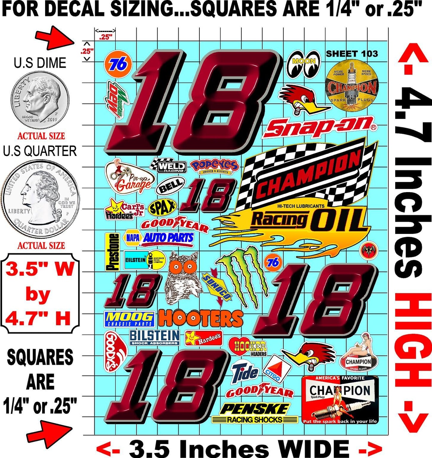 Clear Vinyl 103 Beveled Numbers -R/C Racing Sponsor Sticker Gang Sheet Good -1/24 � 1/16th Scale Model Decal Sticker Sheet Radio Control Lexan Body � Die-Cut to Shape - Peel & Stick � Water Slide