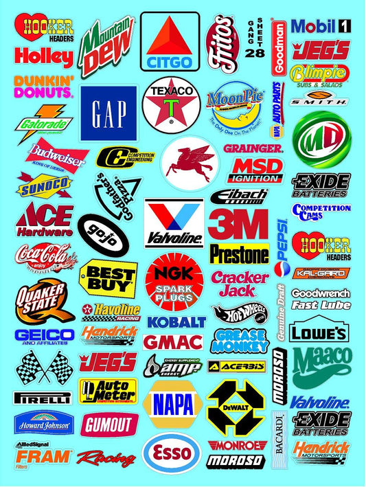Clear Vinyl R/C Racing Sponsor Sticker Gang Sheet 28-1/4-1/5 � 1/6th Scale Model Decal Sticker Sheet Radio Control Lexan Body � Die-Cut to Shape - Peel & Stick � Water Slide Kids Fun