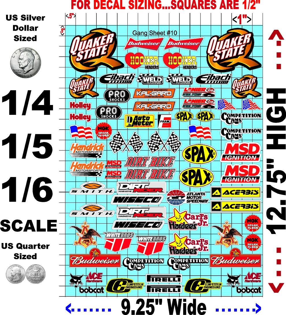 White Vinyl R/C Racing Sponsor Sticker Gang Sheet 10-1/4-1/5 � 1/6th Scale Model Decal Sticker Sheet Radio Control Lexan Body � Die-Cut to Shape - Peel & Stick � Water Slide Quaker