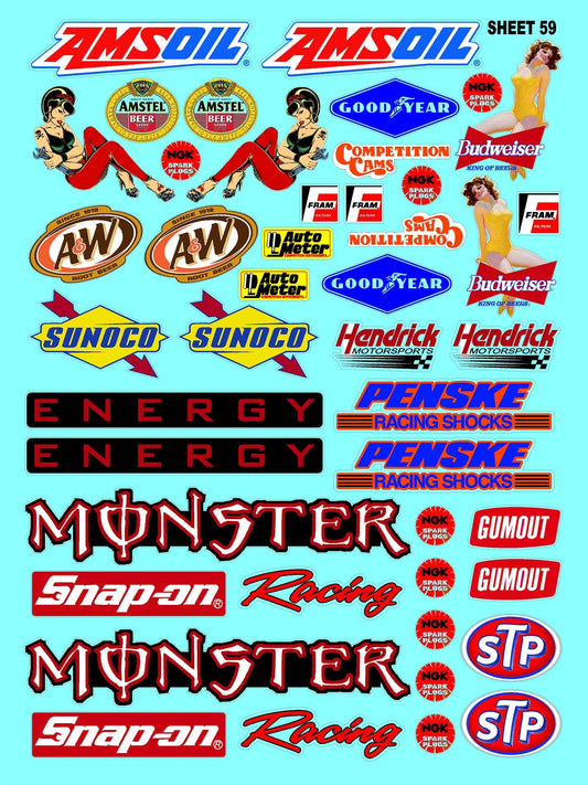 Clear Vinyl R/C Racing Sponsor Sticker Gang Sheet 59-1/24 � 1/16th Scale Model Decal Sticker Sheet Radio Control Lexan Body � Die-Cut to Shape - Peel & Stick � Water Slide