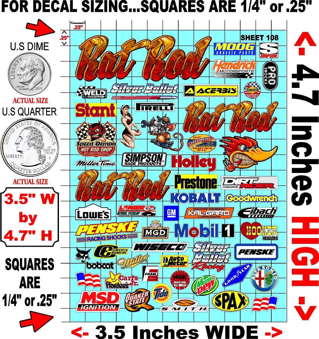 Clear Vinyl Sheet 108 Rat Rod Variety R/C Racing Sponsor Sticker Gang Sheet -1/24 � 1/16th Scale Model Decal Sticker Sheet Radio Control Lexan Body � Die-Cut to Shape - Peel & Stick � Water Slide