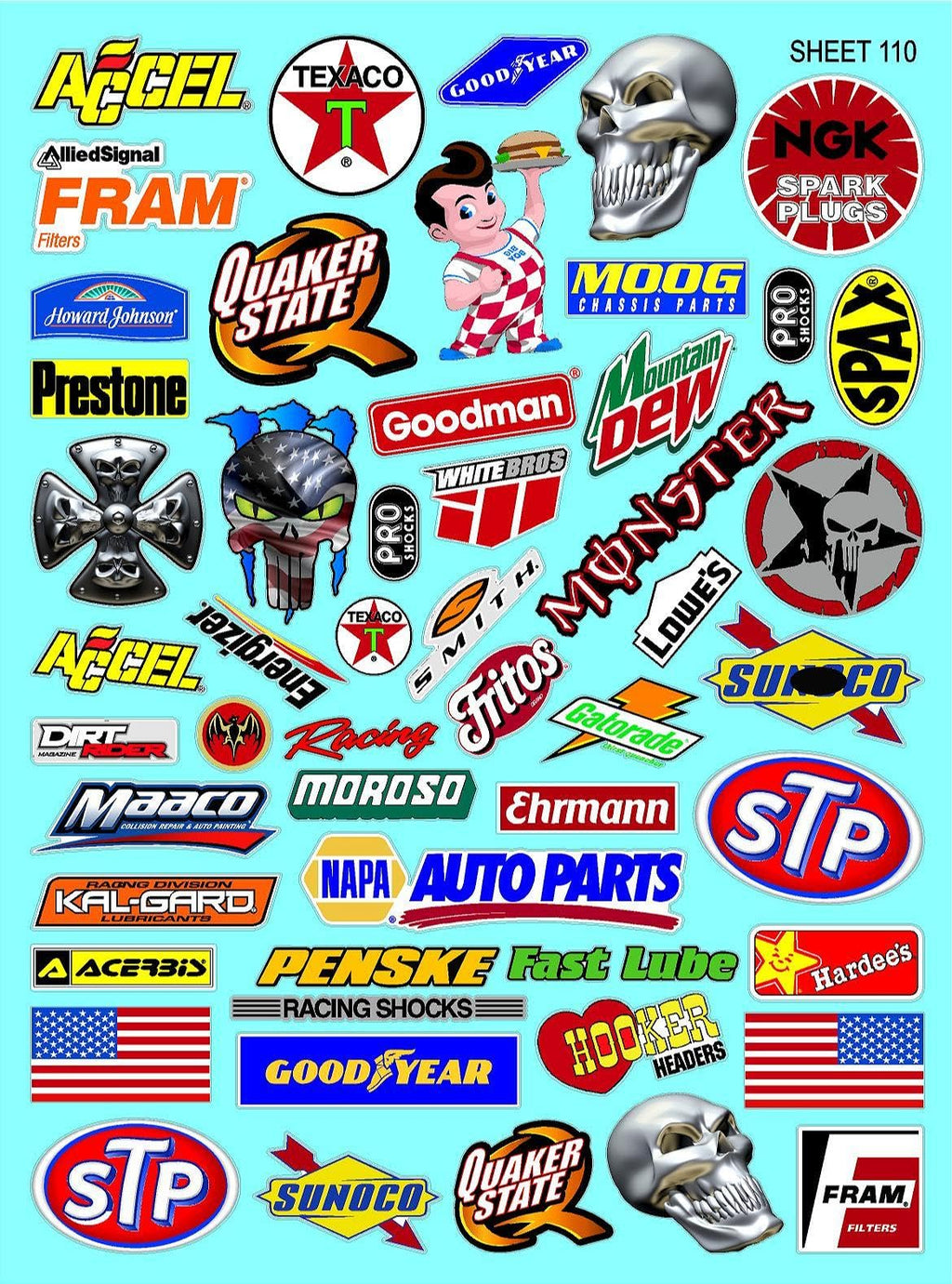 White Vinyl Sticker Sheet 110 Variety-1/10th - 1/8th Scale Large 6.8" x 9.2"h Vinyl R/C Model Decal Sticker Sheet Radio Control Lexan Body