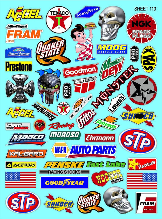 White Vinyl Sticker Sheet 110 Variety - 1/12 to 1/10th Scale R/C Model Decal Sticker Sheet Radio Control Lexan Body