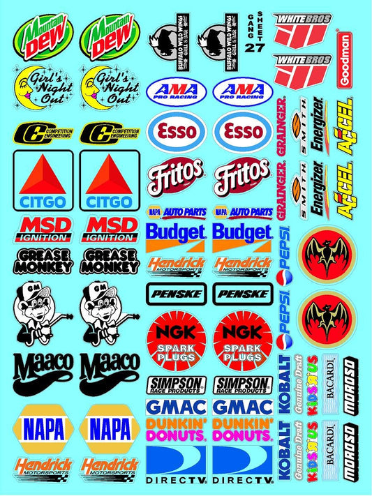 Clear Vinyl R/C Racing Sponsor Sticker Gang Sheet 27-1/24 – 1/16th Scale Model Decal Sticker Sheet Radio Control Lexan Body – Die-Cut to Shape - Peel & Stick – Water Slide