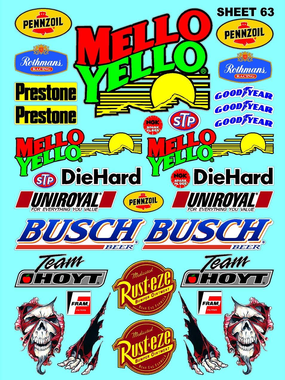 White Vinyl R/C Racing Sponsor Sticker Gang Sheet 63-1/4-1/5 � 1/6th Scale Model Decal Sticker Sheet Radio Control Lexan Body � Die-Cut to Shape - Peel & Stick � Water Slide - Mello - Nostalgic