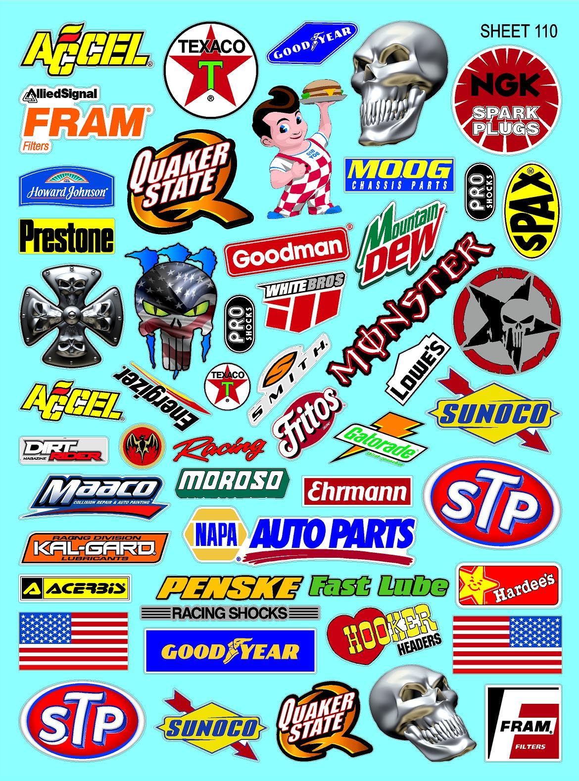 Clear Sheet 110 Variety Vinyl R/C Racing Sponsor Sticker Gang Sheet-1/4-1/5-1/6th Scale Decal Sticker Radio Control Lexan Body�Die-Cut to Shape-Peel & Stick�Water Slide