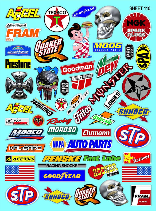 Clear Sheet 110 Variety Vinyl R/C Racing Sponsor Sticker Gang Sheet-1/4-1/5-1/6th Scale Decal Sticker Radio Control Lexan Body�Die-Cut to Shape-Peel & Stick�Water Slide