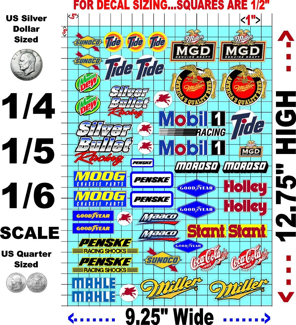 White Vinyl R/C Racing Sponsor Sticker Gang Sheet 3-1/4-1/5 � 1/6th Scale Model Decal Sticker Sheet Radio Control Lexan Body � Die-Cut to Shape - Peel & Stick � Water Slide- MGD