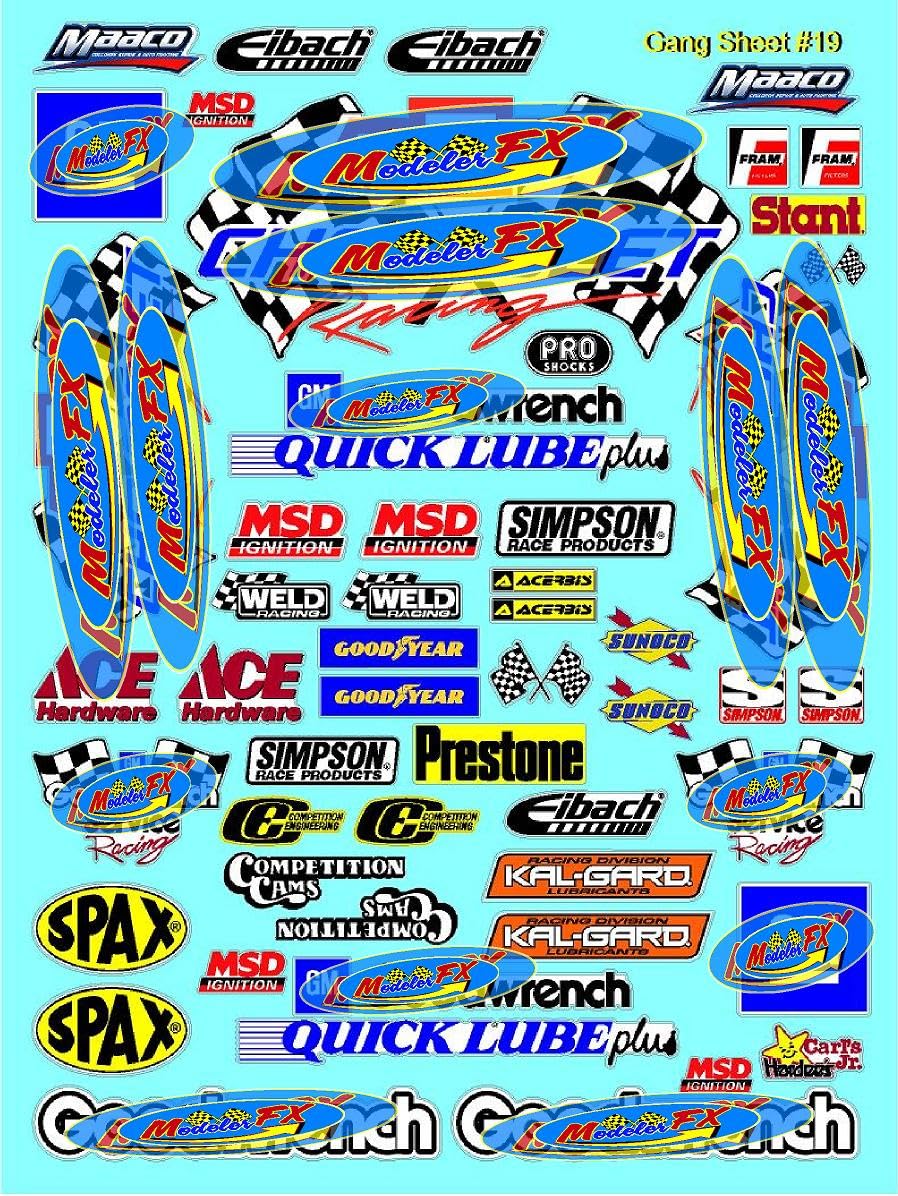 White Vinyl R/C Racing Sponsor Sticker Gang Sheet -1/4-1/5 � 1/6th Scale Model Decal Sticker Sheet 19 Radio Control Lexan Body � Die-Cut to Shape - Peel & Stick � Water Slide Old Car