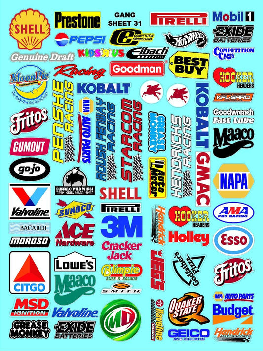 Clear Vinyl R/C Racing Sponsor Sticker Gang Sheet 31-1/4-1/5 � 1/6th Scale Model Decal Sticker Sheet Radio Control Lexan Body � Die-Cut to Shape - Peel & Stick � Water Slide Ace
