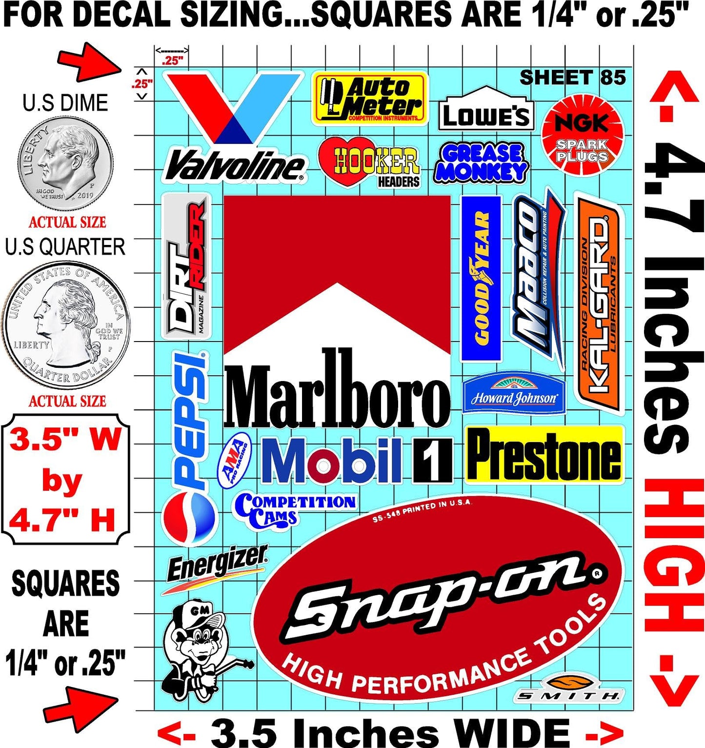 Clear Vinyl 85 R/C Racing Sponsor Sticker Gang Sheet Good -1/24 � 1/16th Scale Model Decal Sticker Sheet Radio Control Lexan Body � Die-Cut to Shape - Peel & Stick � Water Slide