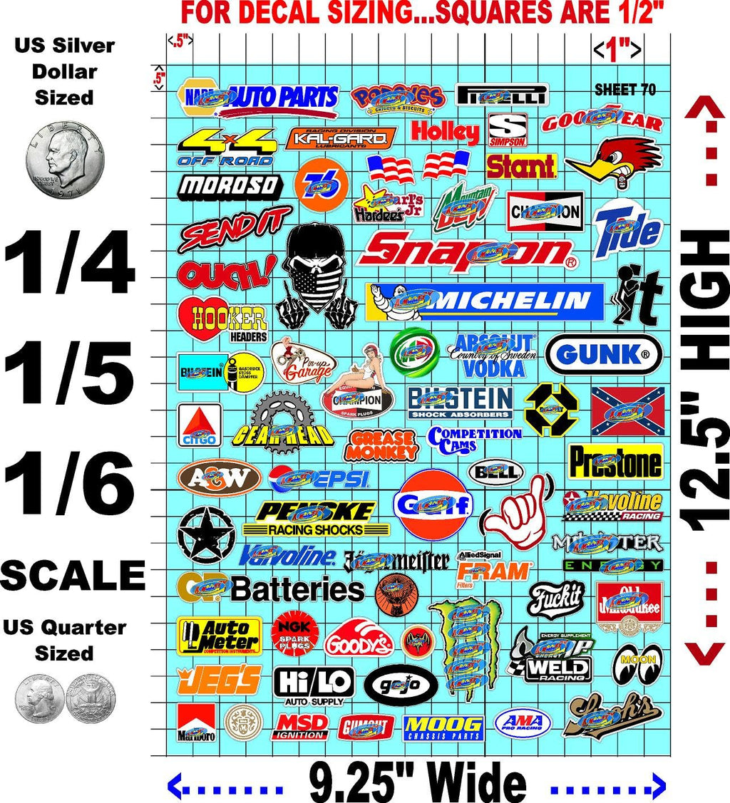 Clear Vinyl Sheet 70 R/C Racing Sponsor Sticker Gang Sheet Wrench -1/4-1/5 � 1/6th Scale Model Decal Sticker Sheet Radio Control Lexan Body � Die-Cut to Shape - Peel & Stick � Water Slide - Car