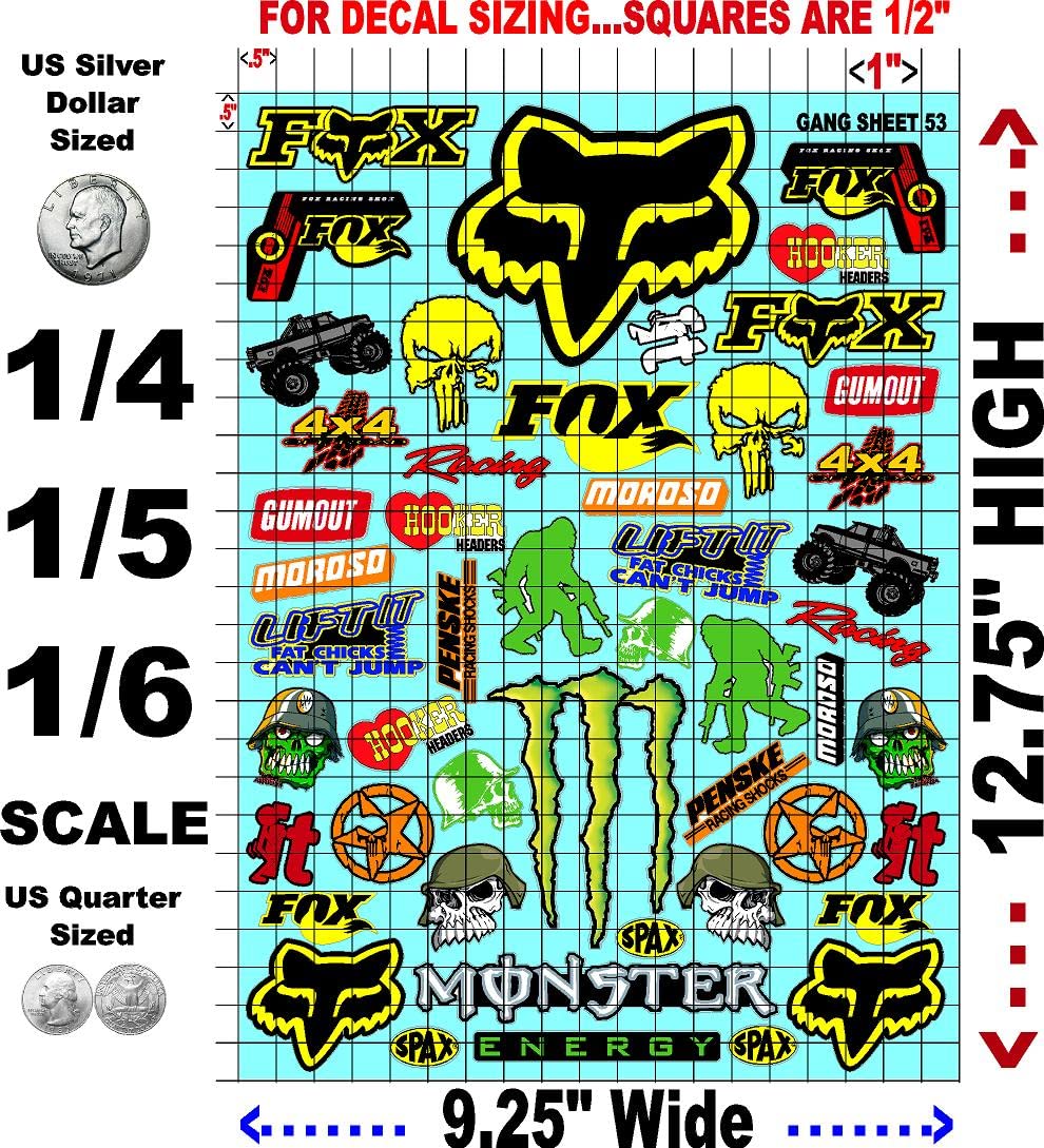 Clear Vinyl R/C Racing Sponsor Sticker Gang Sheet 53-1/4-1/5 � 1/6th Scale Model Decal Sticker Sheet Radio Control Lexan Body � Die-Cut to Shape - Peel & Stick � Water Slide - Fox- Gifts