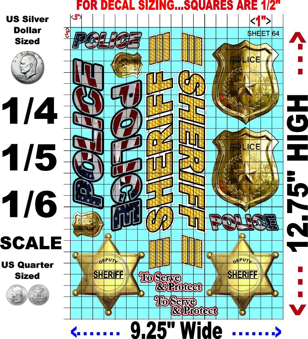 White Vinyl R/C Racing Sponsor Sticker Gang Sheet 64-1/4-1/5 � 1/6th Scale Model Decal Sticker Sheet Radio Control Lexan Body � Die-Cut to Shape - Peel & Stick � Water Slide - Police -Car