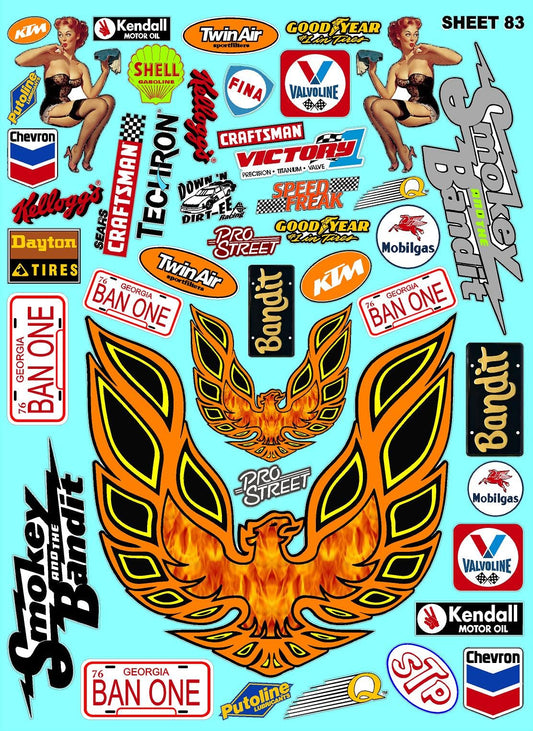 White Vinyl Sticker Variety Sheet 83-1/10th - 1/8th Scale Large 6.8" x 9.2"h Vinyl R/C Model Decal Sticker Sheet Radio Control Lexan Body