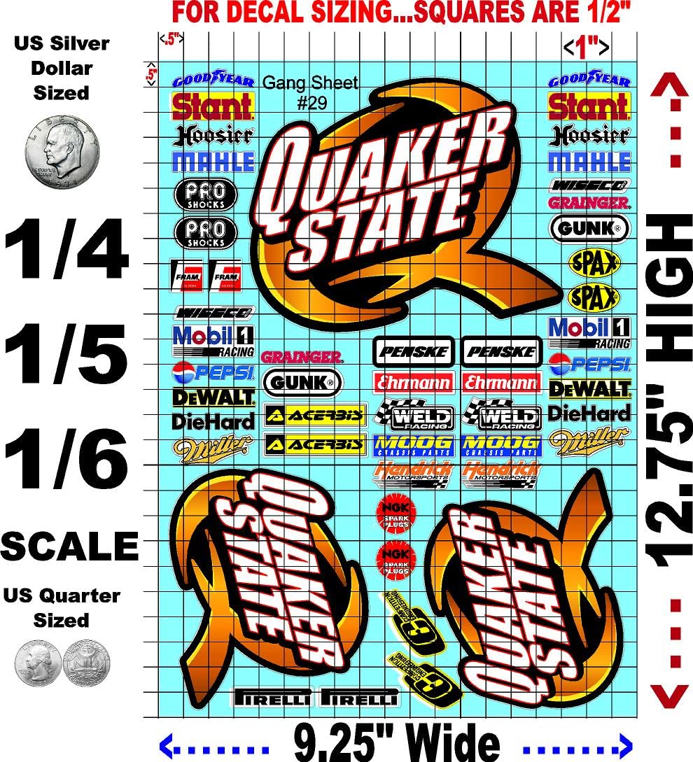 White Vinyl R/C Racing Sponsor Sticker Gang Sheet 29-1/4-1/5 � 1/6th Scale Model Decal Sticker Sheet Radio Control Lexan Body � Die-Cut to Shape - Peel & Stick � Water Slide - Quaker
