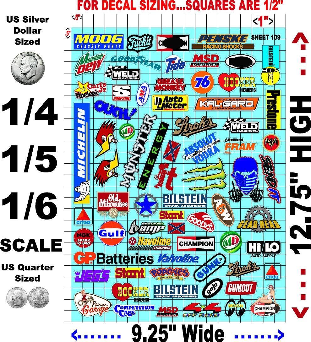 White Vinyl Sheet 109 Variety R/C Racing Sponsor Sticker Gang Sheet Wrench-1/4-1/5�1/6th Scale Model Decal Sticker Sheet Radio Control Lexan Body-Die-Cut to Shape-Peel & Stick�Water Slide-Car